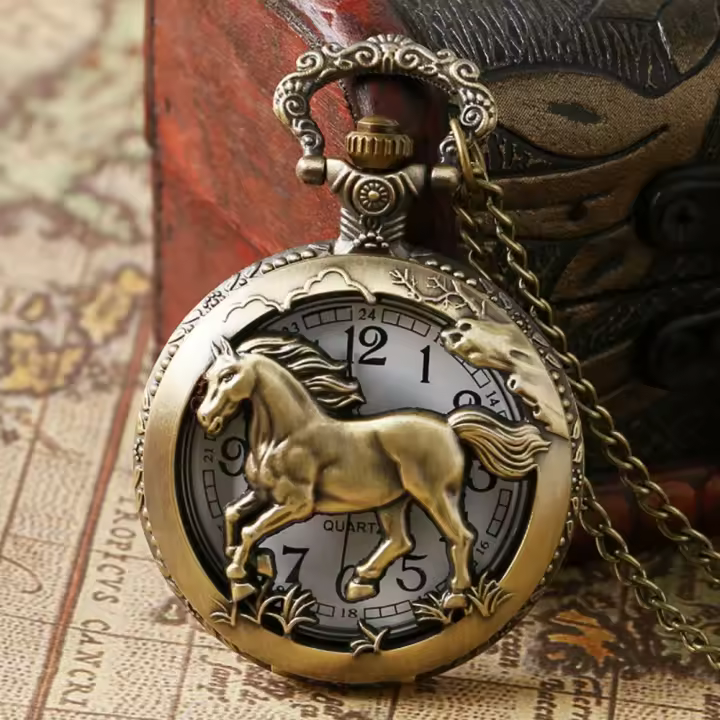 Reloj De Bolsillo Cuarzo Vintage Bronce Con Diseño De Caballo Hueco Para Hombres Y Mujeres Regalo De Moda Con Collar Relojes Exquisitos - 1