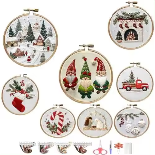 Kit de bordado navideño para adultos y principiantes, kits de bordado a mano, juego de punto de cruz estampado con patrón, paquete de materiales + marco de bordado - 1