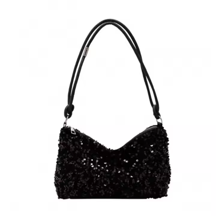 Bolso De Hombro Negro Con Brillo De Pimienta Estilo Casual Chic Diseño Unisex Bolso Cruzado Para Mujer Con Cierre De Cremallera - 1