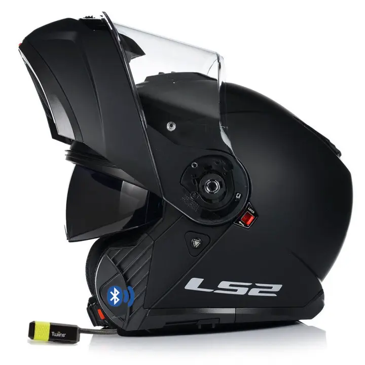 Casco de Moto Modular con Bluetooth Intercom Integrado - LS2 FF908 Strobe II Negro Mate - Twiins HF3 Bluetooth - Homologado ECE 22.06 - 1