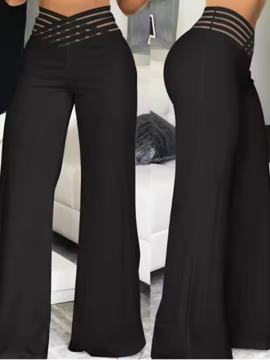 Pantalones Elegantos De Cintura Alta Y Pierna Ancha Para Mujer Casual Oficina Malla Transparente Con Cruces Ropa De Mujer - 1