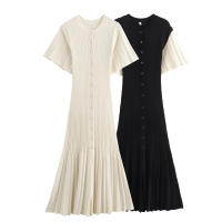 Vestido Tejido De Pescuezo Slimming Estilo Europeo Y Americano Nuevo Verano 2024 Cintura Delgada Hueco A-Line Manga Corta Cuello Redondo Streetwear Longitud Media Pierna Para Mujer - details 8
