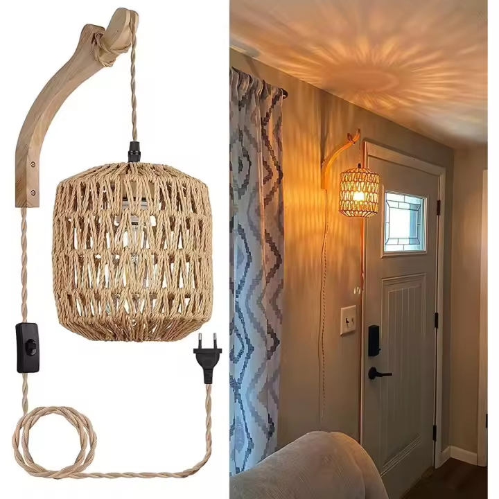 Lámpara de pared de Madera lámpara de pared vintage con enchufe e interruptor, lámpara de noche retro E27 (sin bombilla) - 1