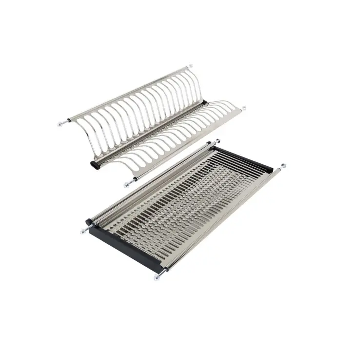 AZERO - Juego de Escurreplatos y escurre vasos con bandeja recoge agua, material Acero Inoxidable, disponible en varias medidas, soportes ajustables - 1