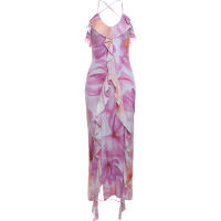 Vestido De Fiesta Para Mujer Verano Sin Espalda Con Encaje Y Tirantes Estampado De Flores Irregular Tassel Bandage Slim - details 1