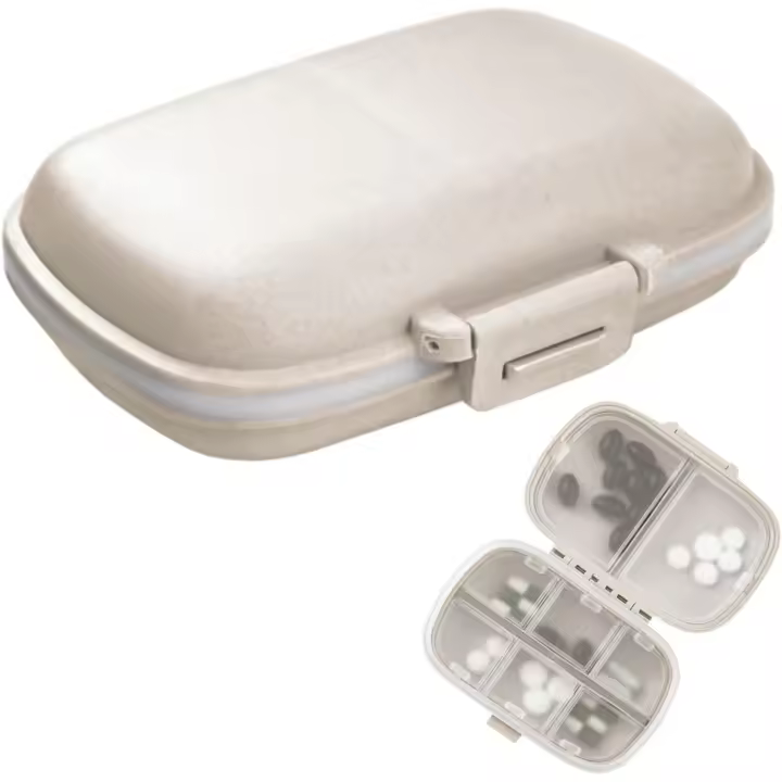 Paquete de 1 organizador de píldoras de viaje, 8 compartimentos, caja de píldoras portátil para monedero de bolsillo, recipiente de vitaminas portátil para medicina, color beige - 1