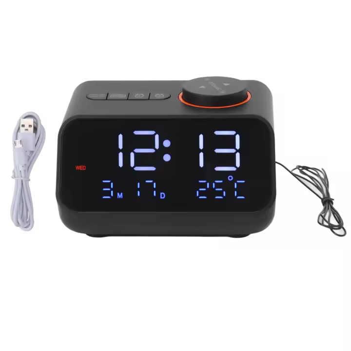Reloj despertador Negro Radio LED digital con FM radio Música Humedad Temperatura Pantalla - 1