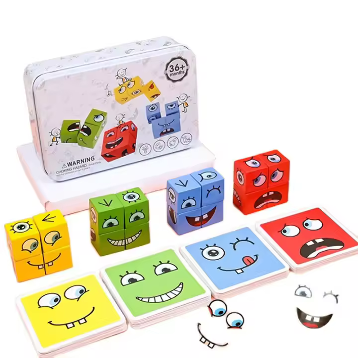 Cubo Mágico De Madera Para Niños Juego Interactivo De Expresiones Faciales Con Cambios De Cara Para 4 Jugadores Bloques De Construcción Educativos - 1