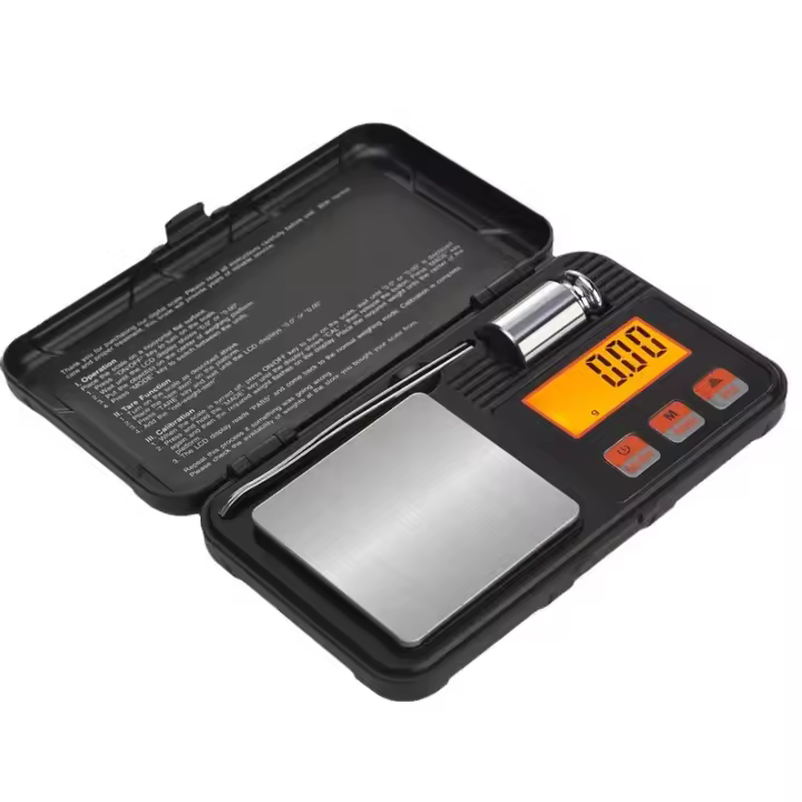 Báscula digital de bolsillo con pantalla LCD, función de tara y calibración, 50 g/0,001 g, para alimentos, joyas (con pinzas, bandeja, pesas) - 1