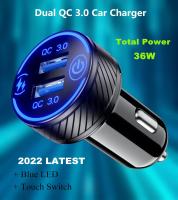 Cargador de coche, adaptador de teléfono USB QC3.0 con dos puertos, carga rápida de 36 W y 3 A, interruptor táctil y LED azul. - details 0