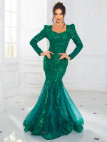 Vestido De Noche Maxi Con Encaje Y Lentejuelas Fishtail Elegante De Organza Patchwork Con Manga Larga V-Neck Verde Azul Formal Para Mujer - details 1