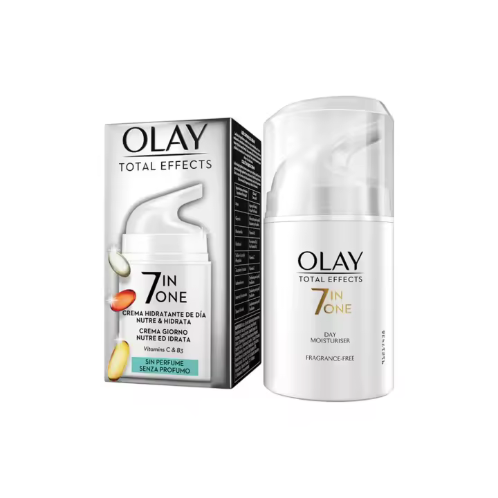 Olay - Crema hidratante facial antiedad TOTAL EFFECTS sin perfume, con 7 efectos anti-envejecimiento para reducir arrugas y poros, ideal para pieles sensibles y unificación del tono - 1