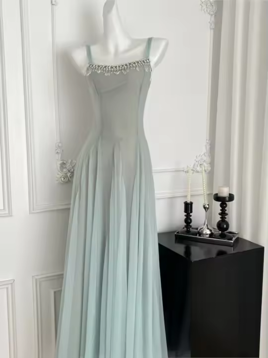 Vestido De Mujer Elegante De Verano Con Cadena De Cristal Y Encaje A-Line Con Cintura Delgada Y Tirantes Vestido De Fiesta De Vacaciones De Un Pie - 1
