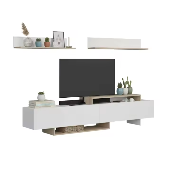 Miroytengo Mueble de TV, Mueble de salón 200 cm Orlis Comedor 2 Puertas Abatibles, 2 Estantes Pared Blanco mate y Roble Artesano - 1
