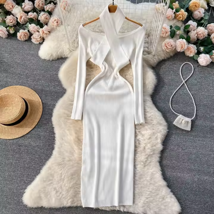 Vestido Largo Elegante De Otoño Invierno Para Mujer Con Cuello Haltera Y Cintura Ajustada Vestido Bodycon Coreano Para Oficina Vestidos De Suéter - 1