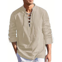 Camisas De Pirata Para Hombres Con Cuello Henry Y Cordón Algodón Y Lino Manga Larga Estilo Bohemio Para Playa Primavera Verano Tops Casual - details 1
