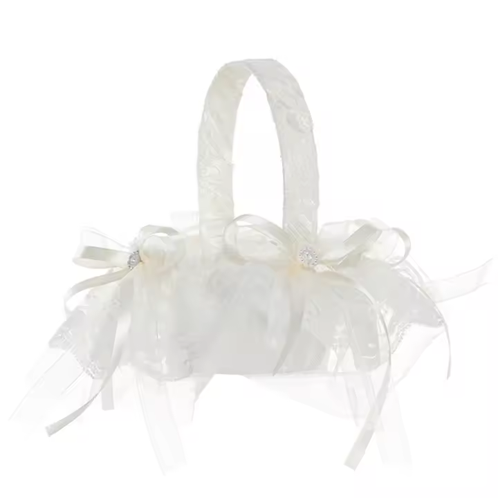 Cesta De Flores Para Niña De Boda Rustica Con Manija De Perla Y Lazo Para Ceremonia Vintage Prop De Boda - 1