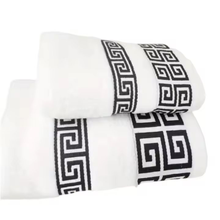 Juego De Toallas De Algodón 2 Piezas 1 Toalla De Mano 34x74cm Y 1 Toalla De Baño Grande 70x140cm Azul Blanco Marrón Con Bordado Geométrico Regalo - 1