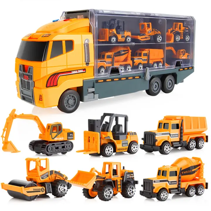 Juguete De Coche De Aleación Para Niños Con Conjunto De Transporte Grande Y 6 Vehículos De Ingeniería Miniatura Incluyendo Camión De Bomberos Y Coche De Carreras Regalos Para Niños - 1