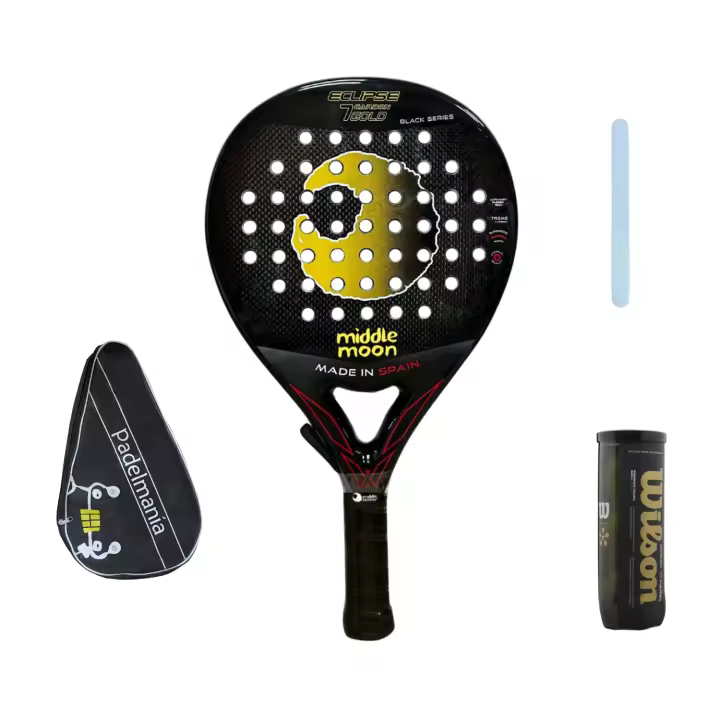 Pala de Pádel Middle Moon Eclipse 7 Carbon Gold Black Series (Made In Spain) + Funda Pádel Manía + Protector Transparente + Bote de Pelotas Wilson Premier - 1