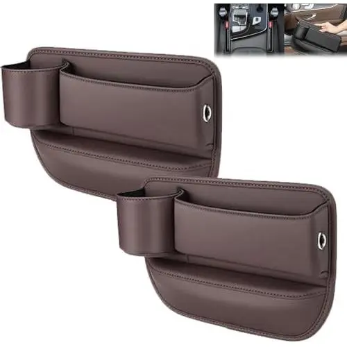 Caja de almacenamiento para asiento de coche, bolsa de cuero para portavasos, caja de almacenamiento para asiento de coche con portavasos, caja de almacenamiento para espacio de asiento (2 piezas marrón, mezcla) - 1