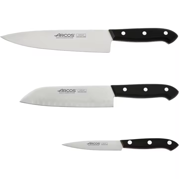 Arcos Juego Cuchillos Cocina Set Cuchillos  Cuchillos Cocina Profesional  Pelador + Santoku + Cocinero  Set 3 Piezas  Acero Inoxidable Nitrum  Mango Negro POM - 1