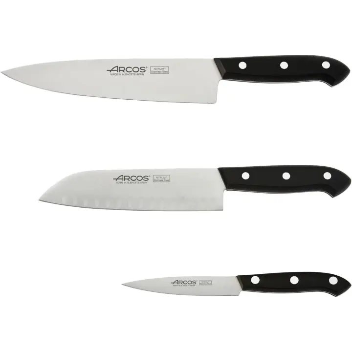 Arcos Juego Cuchillos Cocina Set Cuchillos  Cuchillos Cocina Profesional  Pelador + Santoku + Cocinero  Set 3 Piezas  Acero Inoxidable Nitrum  Mango Negro POM - 1