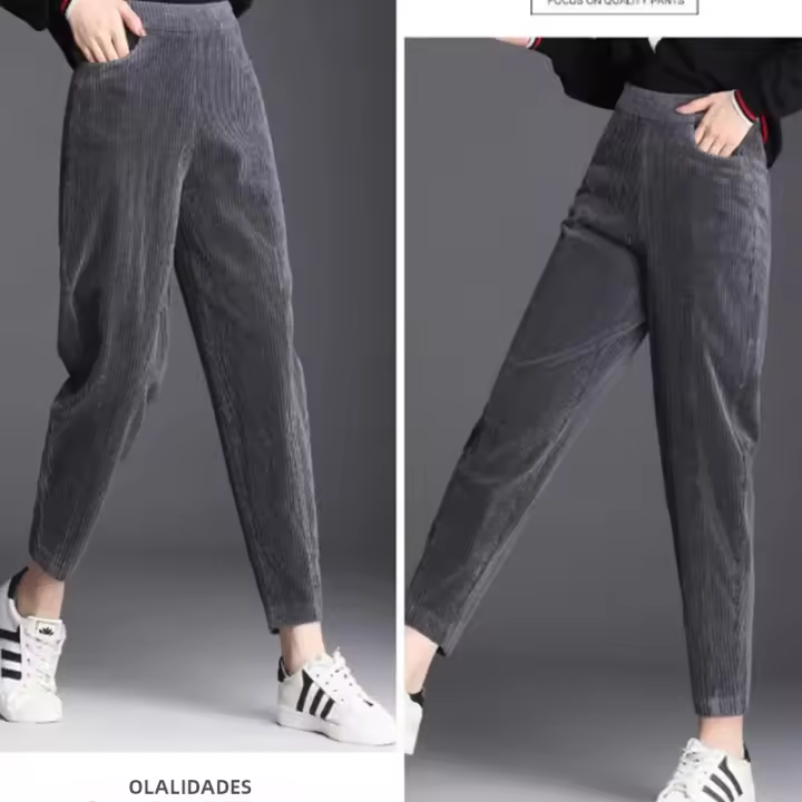 Pantalones De Cordón Grueso Y Delgado Para Mujer Estilo Casual Invierno 2024 Leggings De Cintura Alta Trousers Harem Calientes - 1