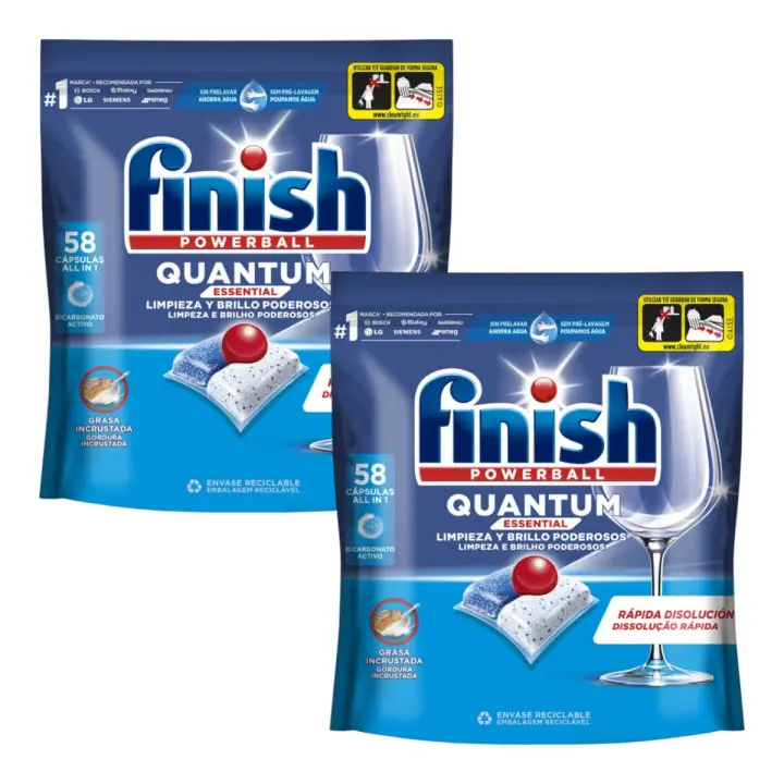 Finish Pack 2 Bolsas Detergente Lavavajillas Powerball Quantum All in 1 Essential con Bicarbonato Activo - 58 Pastillas c/u (Total 116 Pastillas) - 1