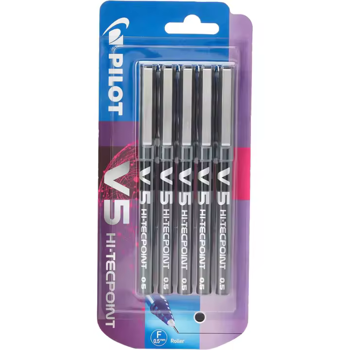 Pilot Hi-Tecpoint V5 Bolígrafo Roller Punta Aguja Visor de Tinta Líquida Negro (Pack de 5) - 1