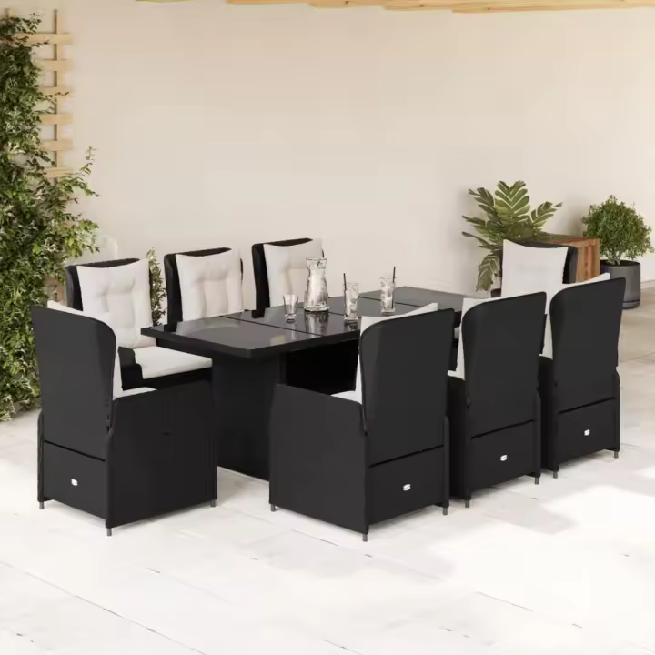 vidaXL Set de comedor de jardín 9 pzas y cojines ratán sintético negro - 1