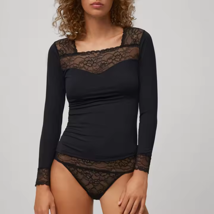 Ysabel Mora - Camiseta manga larga encaje escote y puños negra - 1