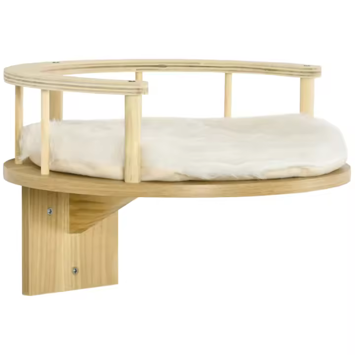PawHut Muro de escalada para gatos, tumbona para gatos para la pared, cama para gatos para montaje en pared, hamaca para gatos, plataforma para gatos con cojín, mueble para gatos, roble + blanco crema, Ø34 x 10,5 cm - 1