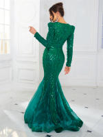 Vestido De Noche Maxi Con Encaje Y Lentejuelas Fishtail Elegante De Organza Patchwork Con Manga Larga V-Neck Verde Azul Formal Para Mujer - details 10