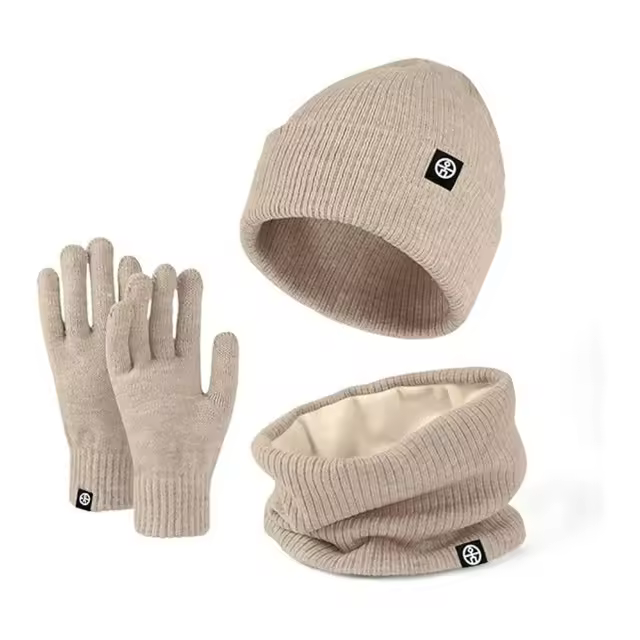 Conjunto de Bufanda y Gorro Guantes, bufanda y guantes de invierno 3 en 1, gorro de punto cálido, calentador de cuello redondo elástico con forro polar cepillado suave, conjunto de guantes gruesos para pantalla táctil de invierno - 1