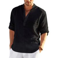 Nueva camiseta de manga larga de lino para hombre, camisa informal holgada de Color sólido, camisa de lino de algodón de manga larga - details 10