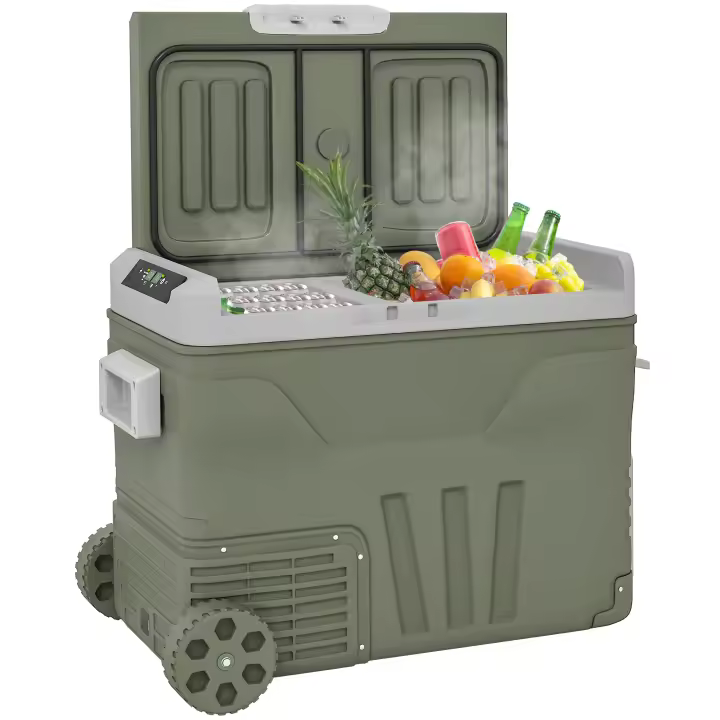 Outsunny Nevera Portátil Eléctrica 45L Refrigerador de Coche -20℃ a +20 ℃ 12V/24V Mini Frigorífico con Ruedas Compresor Pantalla LED Táctil para Hogar Camping Viajes Automóvil 64,5x43,5x53 cm Verde - 1