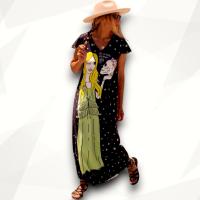 Vestido Largo "Haciendo Bien" Aire Retro Mujer | Reversible Ilustración Maxi Print | Poliéster Caída Fluida - details 0