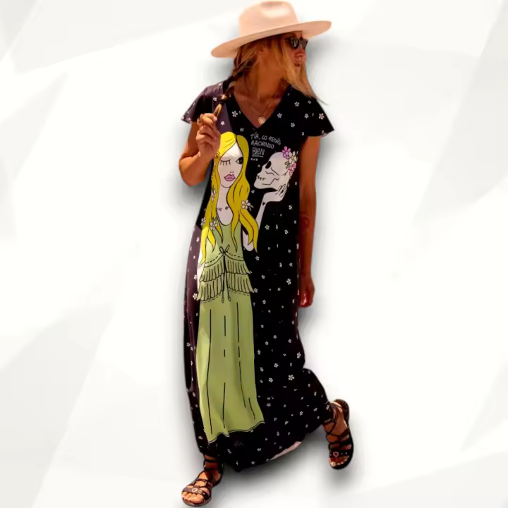 Vestido Largo "Haciendo Bien" Aire Retro Mujer | Reversible Ilustración Maxi Print | Poliéster Caída Fluida - 1