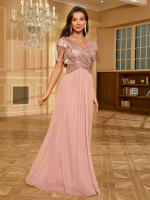 Vestido De Talla Alta Con Borlas Y Abertura Alta Glitter V-Neck De Tela De Chiffón Rosa Con Parches De Lentejuelas Para Mujer - details 4