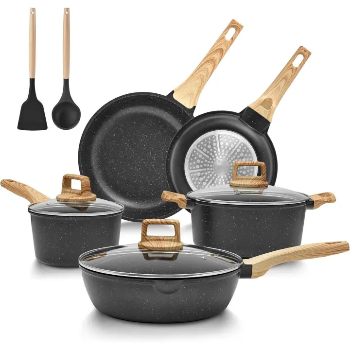 Juego de sartenes de inducción de 10 piezas, juego de ollas y sartenes antiadherentes, juegos de utensilios de cocina con tapas, juego de sartenes de cocina, juego de ollas para todas las - 1