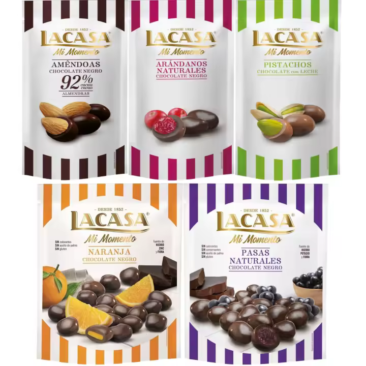 Lacasa Mi Momento pack de 5:Arándano  Negro 60 G,Pistacho  Leche 50 G,Almendra 92% 65 G,Pasas  Negro 150 G,Naranja  Negro 125 G - 1