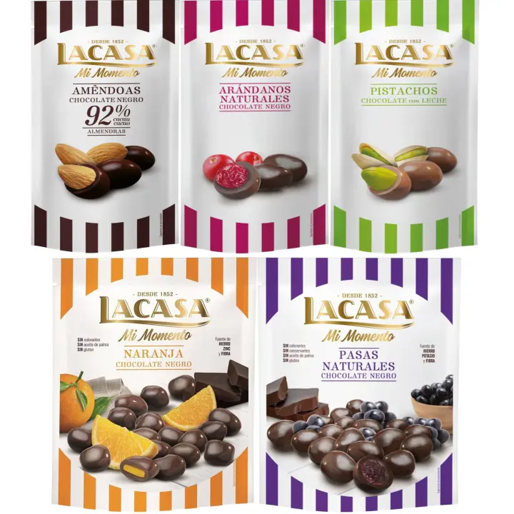Lacasa Mi Momento pack de 5:Arándano  Negro 60 G,Pistacho  Leche 50 G,Almendra 92% 65 G,Pasas  Negro 150 G,Naranja  Negro 125 G - 1