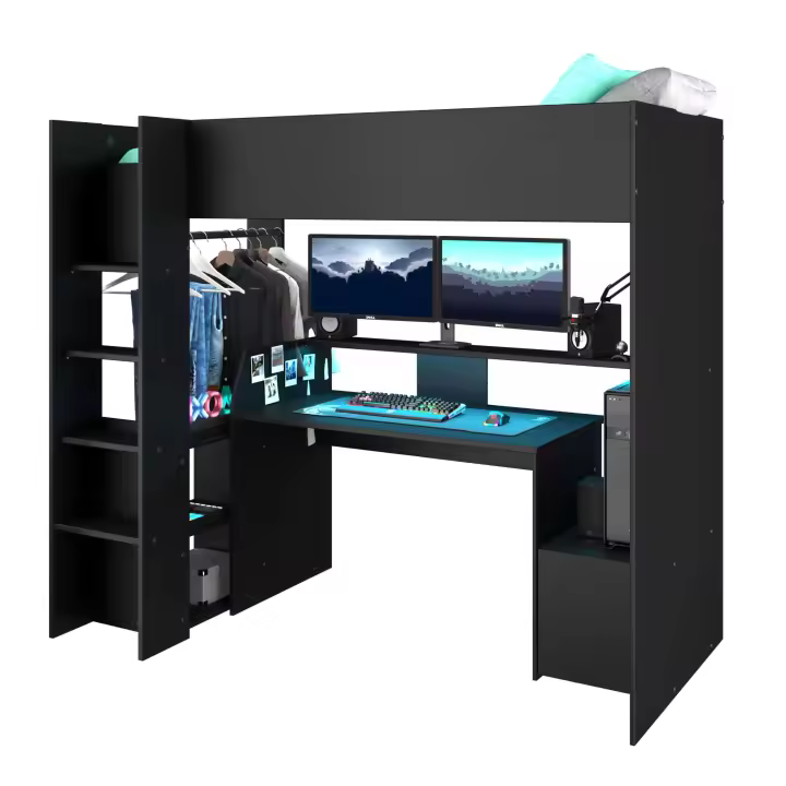 Cama Alta Juvenil TexGen LED con Escritorio y Perchero Color Negro Stipple 204X180X116 cm Dormitorio Moderno - 1