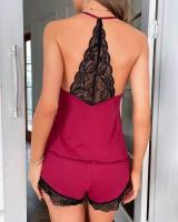 Conjunto De Pijamas De Verano Para Mujer En Encaje Crochet 2 Piezas Top Sin Mangas Y Shorts Estilo Casual V-Neck - details 18