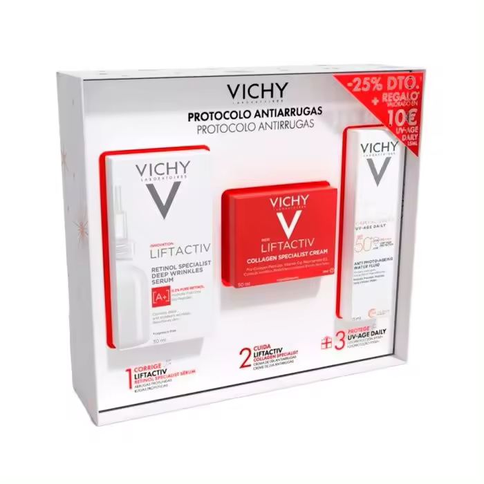 VICHY PROTOCOLO ANTIARRUGAS LIFTACTIV RETINOL SERUM 30ML + CREMA COLAGENO 50ML + REGALO CAPITAL SOLEIL UV AGE DAILY SPF50+ 15ML - 1