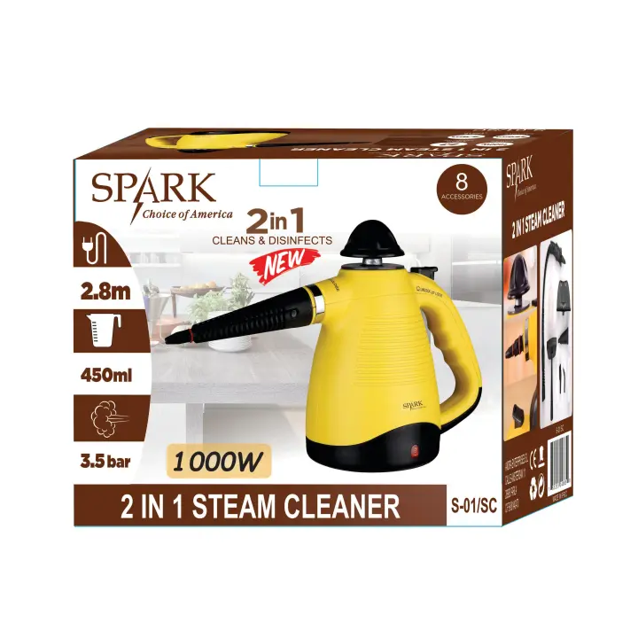 SPARK - Limpiador A Vapor 2en1 - LIMIPIA Y DESINFECTA - 3.5 bar DE PRESIÓN, CAPACIDAD 450 ml CABLE 2.8M POTENCIA 1000W ACCESORIOS MÚLTIPLES, VAPORETA HOGAR COCHE OFICINAS COCINAS BAÑOS BALDOSAS STEAM CLEANER - 1