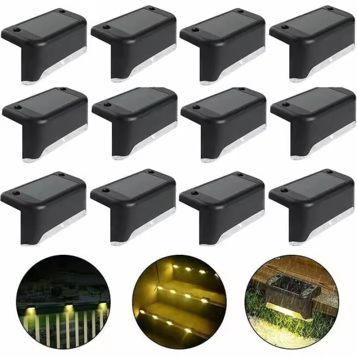 SOMY Luz solar Luz solar impermeable para valla, luz solar para cubierta, lámpara de escalera, luces solares LED IP65 para jardín para vallas de escaleras de patio (luz cálida, negra, 12 piezas) Lámpara de pared para exterior - 1