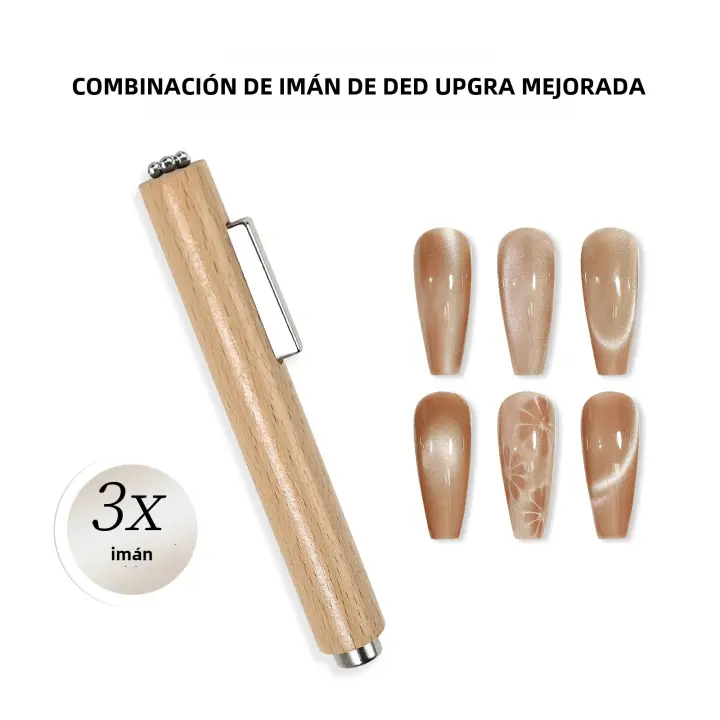 Herramienta De Arte De Uñas 3 En 1 Multifuncional Con Ojo De Gatito Fuerte Mango De Madera Cilíndrico UV Gel Doble Cabeza Magnética - 1