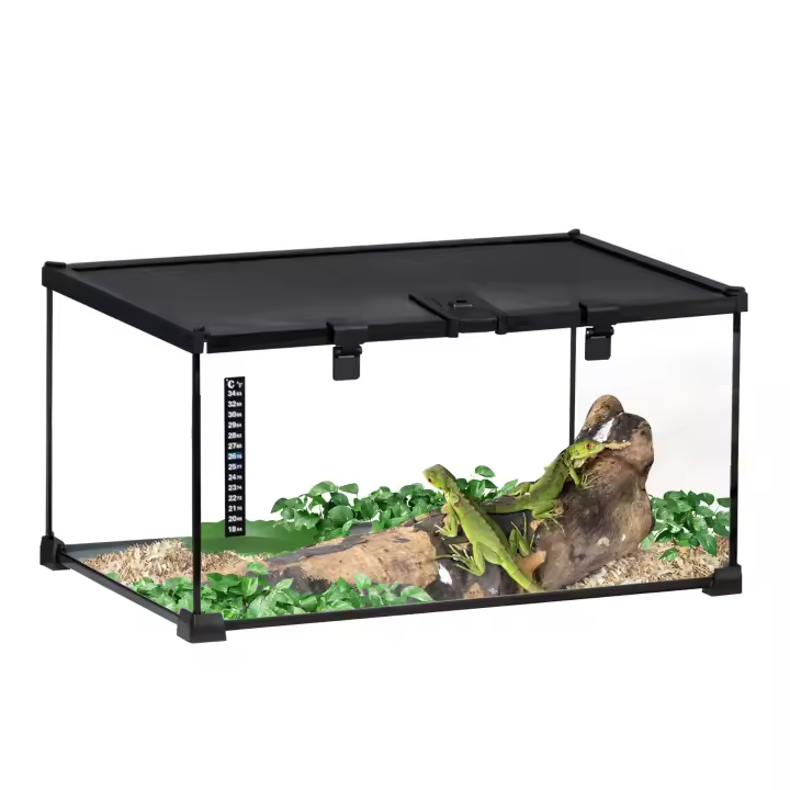 PawHut Terrario para Reptiles Caja de Alimentación para Reptiles Terrario de Vidrio Anfibios Arácnidos con Termómetro Caja de Cría de Reptiles Metal Negro 50 x 30 x 25 cm - 1
